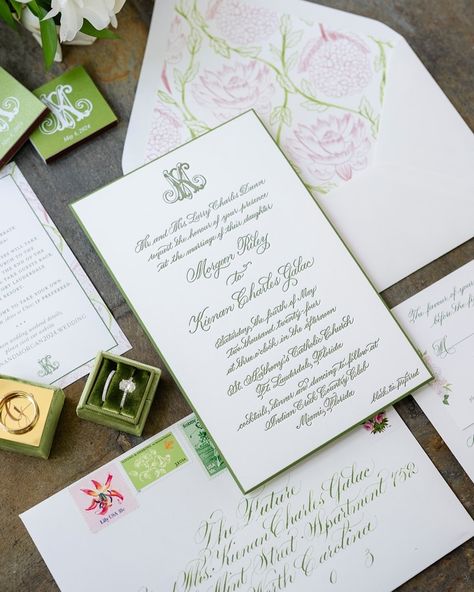 Celebrating Morgan & Kienan’s Florida wedding with this pink, green, and floral-filled stationery suite! 🌸💚 This green beveled edge was perfection for their springtime celebration! ⠀⠀⠀⠀⠀⠀⠀⠀⠀ Calligraphy: @calligraphy.bykim Photography: @abbyhartphoto Florals: @bayfrontfloral Stationery Suite: @olivepaper ⠀⠀⠀⠀⠀⠀⠀⠀⠀ #OlivePaper #WeddingStationery #CharlotteStationery #CLTWeddings #QueenCityBride #WeddingPaper #StationeryDesigns #CharlotteBrides #WeddingDetails #CharlotteWeddings #CustomStatio... Pink Invitation Suite, 2025 Wedding Invitations, Pink And Green Wedding, Wedding Stationary Design, Wedding Goodies, Quick Wedding, Green Invitations, Pink Wedding Invitations, Wedding 2025