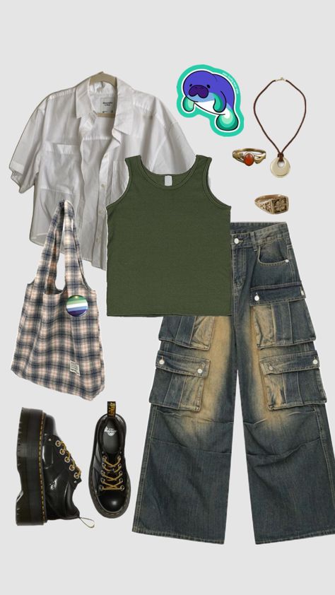 #pride #pridemonth #prideoutfits #mlm #outfit #buttonup #totebag #baggyjeans #outfitideas #outfitcheck #outfitinspo #outfitinspiration #ootd #outfitoftheday #outfitcollage #clothes Outfit Grid Men, Masculine Outfits, Outfit Collage, Outfit Grid, Swaggy Outfits, Themed Outfits, Cute Everyday Outfits, Casual Style Outfits, Lookbook Outfits