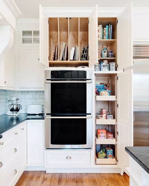 21 Kitchen Cabinet Organization Ideas You Need to Try Small Pantries, Small Pantry Cabinet, Cabinet Organization Ideas, Kitchen Cabinet Organization Ideas, Small Pantry Organization, Ceiling Shelves, Upper Kitchen Cabinets, Narrow Cabinet, Pantry Wall