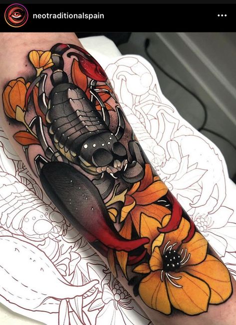 Neo Traditional Color Palette, Tiger Face Tattoo, Traditional Tattoo Stencils, Neo Tattoo, Traditional Tattoo Designs, Scorpion Tattoo, Full Body Tattoo, Tatuaje A Color, New School Tattoo