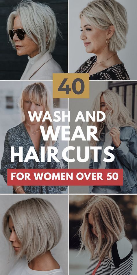 Discover the ultimate list of wash and wear hairstyles for women over 50, featuring chic short bobs with bangs, trendy pixie cuts, and low-maintenance layered haircuts with bangs. Perfect for those seeking natural wavy hairstyles, grey bob hairstyles, or curly bob styles. Stay stylish with blonde hair with bangs, shaggy short hair, and air-dry hairstyles that suit every lifestyle. Ideal for fine wavy hair and active women, these looks combine elegance and ease! Visit our blog now for more inspiration and don't forget to save this pin for your next hair makeover! Wash And Wear Hairstyles, Natural Wavy Hairstyles, Old Women Hairstyles, Curly Bob Styles, Bob Hairstyles Curly, Bobs With Bangs, Short Hairstyles Over 50, Short Bobs With Bangs, Layered Haircuts With Bangs