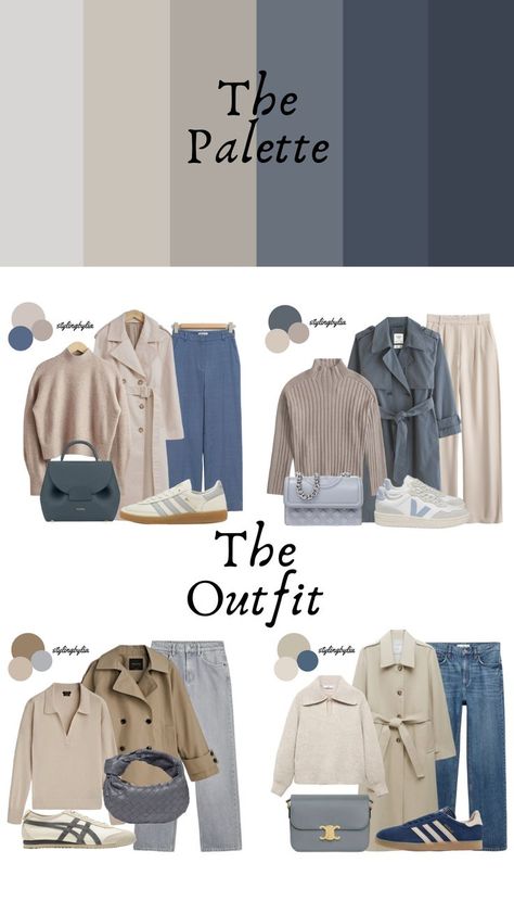 Blue Grey Clothes, Soft Summer Blue Outfit, Colour Palette Inspiration Fashion, Blue For Soft Autumn, Beige Complementary Colors, Grey Color Palette Outfit, Beige Color Palette Outfit, Grey Outfit Combination, Dusty Blue Outfit Color Combos