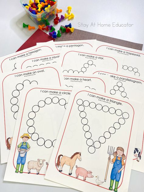 Shape Activities For Preschoolers, Halloween Literacy Activities, Pattern Blocks Activities, Preschool Math Centers, Farm Animals Activities, Shapes Lessons, Farm Theme Preschool, Shape Activities, Shape Activities Preschool