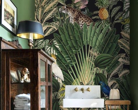 Jungle cats print retro Wall Art Jungle cats Cheetah | Etsy Pink Jungle Wallpaper, Vintage Bird Wallpaper, Parrot Wallpaper, Dark Green Wallpaper, Pink Flowers Wallpaper, Wallpaper Flower, Jungle Wallpaper, Tropical Wallpaper, Stick On Wallpaper