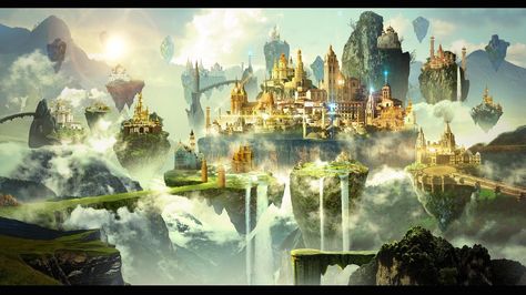 Floating Kingdom Fantasy Art, Floating Palace Fantasy Art, Floating City Concept Art, Fairytale Villains, Floating Kingdom, Mystical Kingdom, Floating Palace, Miss Marvel, Fantasy Cities