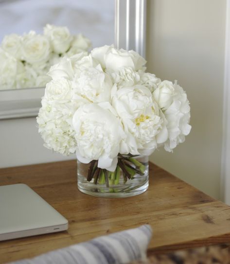 all white / peonies, roses & hydrangea White Peonies Centerpiece, Peonies Centerpiece, Peonies And Hydrangeas, Roses Peonies, Hydrangeas Wedding, Bridesmaid Bouquets, White Peony, White Peonies, White Hydrangea