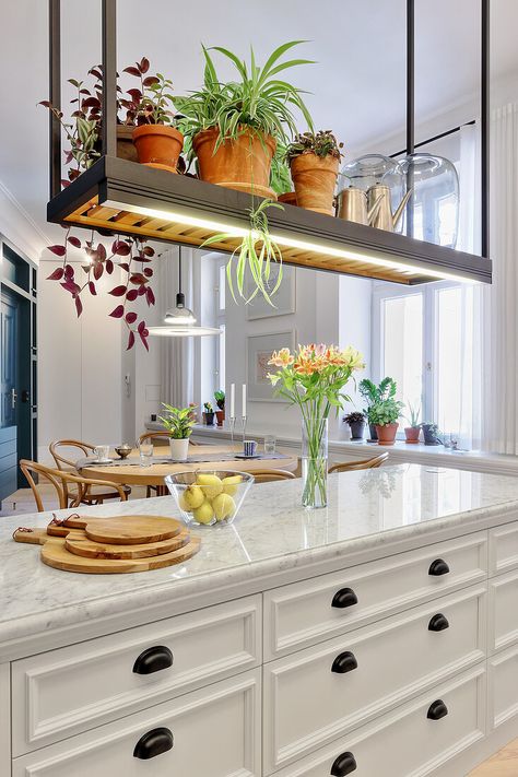 L Shaped Pantry, Suspended Shelf, Suspended Shelves, Small Kitchen Island Ideas, Fluorescent Tube Light, Island Counter, Kitchen Storage Space, Kitchen Plants, Small Kitchen Island