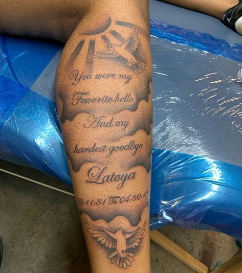 Tatsbyfifty on Instagram: “@tatsbyfifty #tatsbyfifty #riptattoos” Tattoo For Family, Tattoo Designs Men Forearm, Tattoos With Deep Meaning, Simple Leg Tattoos, Rip Tattoos, Leg Band Tattoos, Forearm Tattoo Quotes, Rip Tattoo, Tattoo Bird