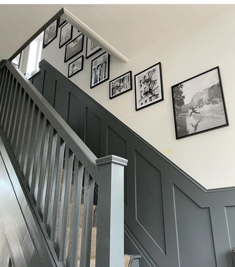 Dark Grey Panelling, Half Wall Panelling Stairs, Hallway Decor Panelling, Hallway Ideas With Dado Rail, Wall To Banister, Navy Staircase Banister, Wallpaper For Hallway Stairs, Panelling Landing, Uk Stairs Ideas