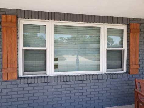 Navy Brick House Exterior, Blue Brick House Exterior, Diy Wooden Shutters, Gray Painted Brick House, Grey Painted Brick, Painted Brick Ranch, Painted Brick House Exterior, Grey Brick Houses, Dark Grey Houses