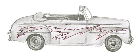 Greased Lightning Car Lightning Bug Sketch, Grease Lightning, Fast Car Drawing, Old Car Drawing Easy, Grease Lightning Car, Classic Cars Drawing Pencil, Lightning Tattoo, Lightning Cars, Magazine Illustration