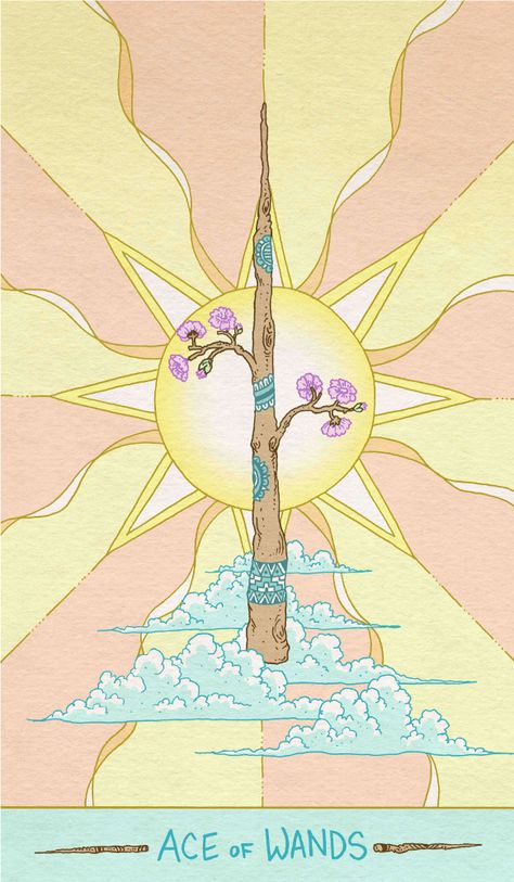 Ace of Wands from the Luna Sol Tarot - Liminal 11 First Tarot Deck, Ace Of Wands, Warm Color Palette, Wands Tarot, 78 Tarot Cards, Tarot Cards Art, Warm Colour Palette, Tarot Card Decks, Tarot Deck