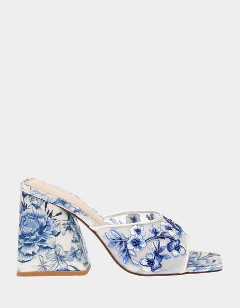 ROO BLUE FLORAL Slip On Heel | Women's Heels – Betsey Johnson Funky Heels, Blue By Betsey Johnson, Unique Heels, Floral Heels, Blue Heels, Beaded Applique, Wedding Heels, Applique Dress, Women's Heels