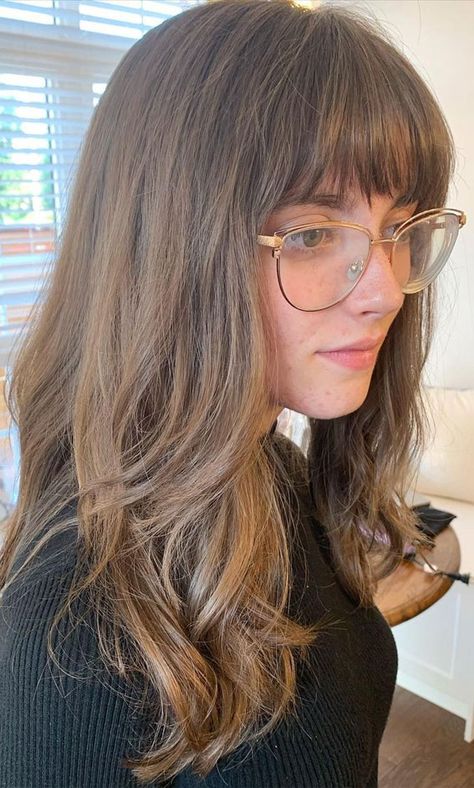 Choppy Bangs Straight Hair, Messy Full Fringe, Soft Full Fringe, Block Fringe Hairstyles, Full Fringe With Layers, Long Hair Full Fringe, Armpit Length Haircut With Bangs, Full Bangs Medium Hair, Fringe With Glasses Haircuts