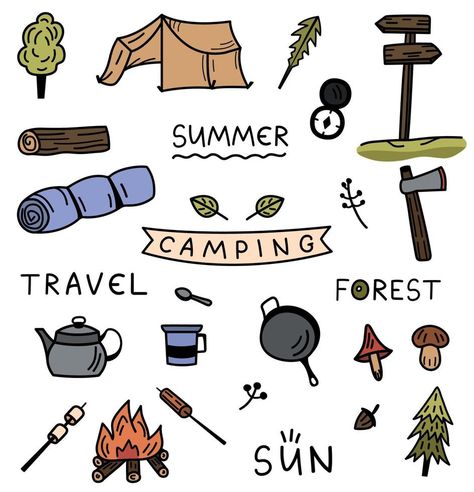 Set of hand drawn isolated stickers camping. Vector summer doodle icons hike, vacation, forest. Campfire, tent, sleeping bag elements. Sleeping Bag Drawing, Camping Stickers, Tent Drawing, Camping Pics, Summer Hike, Drawing Bag, Png Aesthetic, Doodle Icon, Cute Laptop Stickers