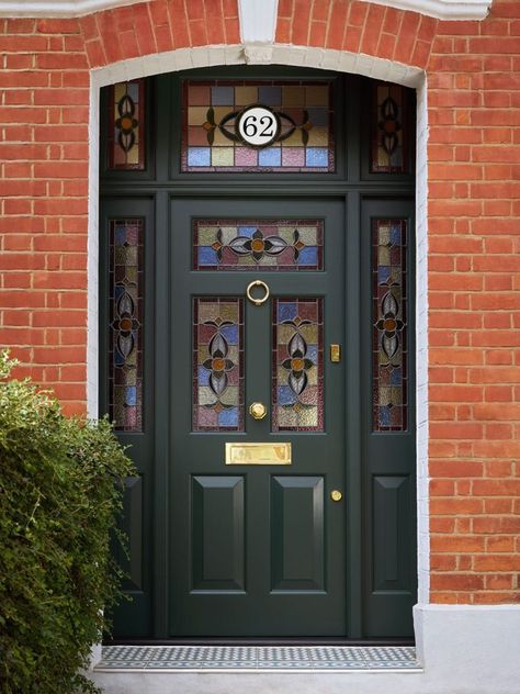 Edwardian Front Doors | Oak Front Doors | London Door Company Victorian Door Design, Edwardian Front Door Ideas, Edwardian Porch, Edwardian Front Door Colours, Edwardian Front Door, Double Front Doors With Victorian Glass Panels, Green Edwardian Front Door, Edwardian House Exterior, Edwardian Stained Glass Door