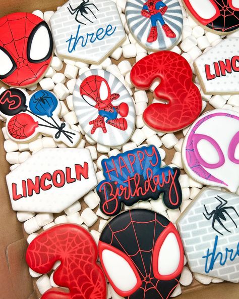 A last minute order for Spidey and His Amazing Friends 🕷️ Happy 3rd Birthday Lincoln! ❤️💙 Customer wanted her inspiration photos to a T. So the customer got what she wanted! Inspired by @victorias.cookiecompany #cookies #decoratedcookie #decoratedcookies #decoratedsugarcookies #sugarcookies #sugarcookiedecorating #sugarcookiesofinstagram #sugarcookie #sugarcookiedecorator #sugarcookieart #sugarcookieartist #cookieart #cookieartist #cookiebaker #cookiedecorating #cookiedecorator #royalicin... Spidey And His Amazing Friends Decorated Cookies, Spidey And Friends Cookies, Spidey And His Amazing Friends 3rd Birthday, Spidey And His Amazing Friends Cookies, Spidey And His Amazing Friends Birthday, Spiderman Cupcakes, Spiderman Birthday Party, 2 Birthday Cake, Boy Birthday Party Themes