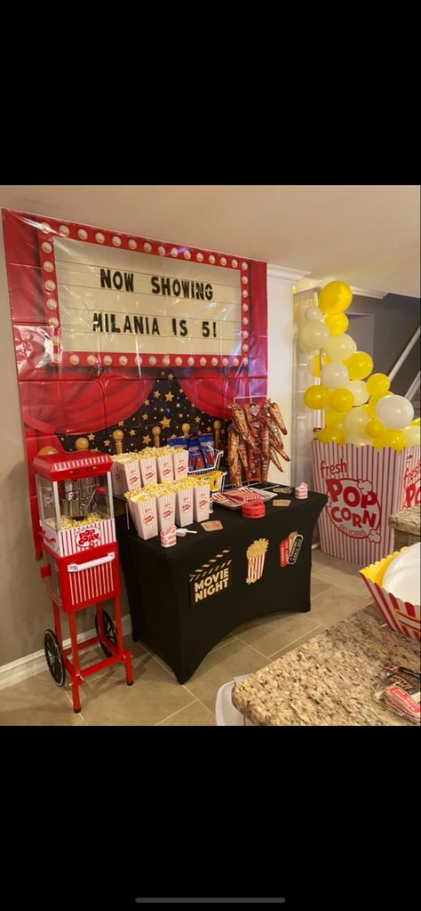 Movies Birthday Party Ideas, Movie Night Adult Party, Movie Theater Birthday Party Ideas, Movie Theater Party Ideas, Movie Night Set Up, Movie Night Themed Birthday Party, School Foyer, Movie Night Birthday Party Ideas, Movie Night Party Decorations