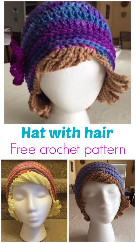 For chemo patients or just for dress-up fun. Free crochet pattern for a hat with woolen hair. Crochet Wig Pattern, Crochet Hat Kids, Chemo Caps Pattern, Yarn Wig, Crochet Adult Hat, Crochet Wig, Crochet Kids Hats, Hat Patterns Free, Mode Crochet