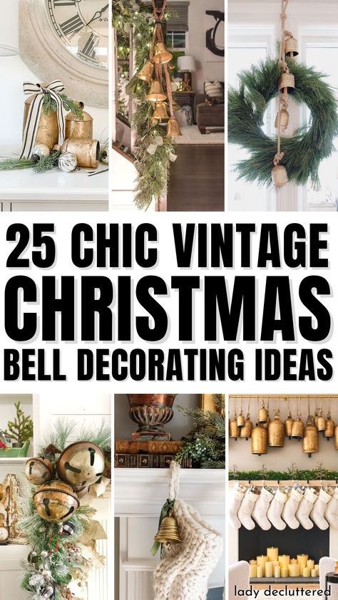 25 Chic Vintage Christmas Bell Decorating Ideas Wall Above Mantle Ideas, How To Decorate Bells For Christmas, Christmas Greenery With Bells, Christmas Bell Wreaths, Christmas Cow Bells Decor, Christmas Decor Ideas Using Bells, Christmas Bell Decorations, Door Knob Christmas Trees, Using Bells In Christmas Decor