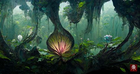 Pandora Jungle #midjourney #aiart #aiartwork Jungle Planet Concept Art, Pandora Environment, Jungle Landscape Art, Scifi Jungle, Fantasy Jungle Art, Pandora Scenery, Pandora Jungle, Avatar Forest, Fairy Jungle