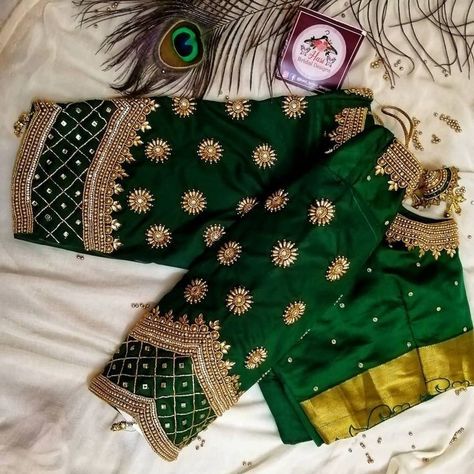 Green Aari Blouse Design, Bridal Blouse Aari Work Designs, Green Blouse Designs For Saree Bridal, Green Maggam Work Blouses Design, Green Silk Blouse Designs, Green Blouse Aari Work Designs, Green Bridal Blouse, Coolest Outfits, Green Blouse Designs