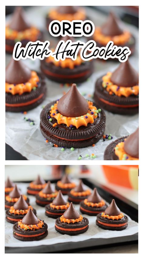 These witch hat cookies are one of the easiest Halloween treats to make! An Oreo cookie topped with frosting and a Hershey's kiss. Perfect for Halloween parties! Halloween Treats Witches Hats, Strawberry Oreo Witch Hats, Halloween Recipes Simple, Halloween Food Day Ideas, Witches Hat Cookies Hershey's Kisses, Witch’s Hat Cookies, Which Hat Cookies, Easy Halloween Snack Ideas For Kids Party, Oreo Witches Hat