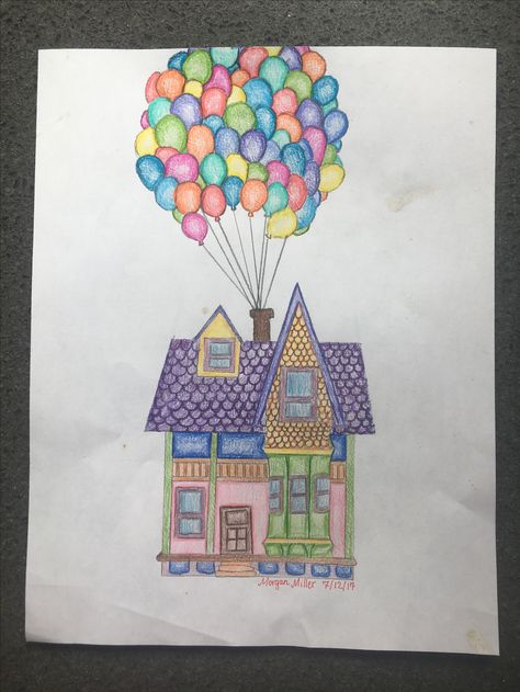 Sketch/drawing of house from up Barbie House Drawing, Disney Up House Drawing, House From Up, Up House Drawing Easy, Up House Drawing, House Drawing Easy, Ballon Drawing, Up Movie House, Hydro Painting