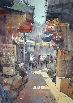 Direk Kingnok Watercolor artist Sampeng Market, Bangkok 36 x 50 cm. Direk Kingnok, Watercolor Indian, Watercolor City, Watercolor Architecture, Water Colours, Loose Watercolor, Local Market, 수채화 그림, Urban Sketchers