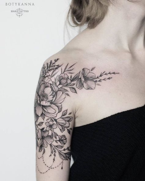 Half Sleeve Floral Tattoo by Anna Botyk Simple Shoulder Tattoo, Botanisches Tattoo, Cat Tattoos, Floral Tattoo Sleeve, Shoulder Tattoos, Tiny Tattoo, Shoulder Tattoos For Women, Botanical Tattoo, Sleeve Tattoos For Women