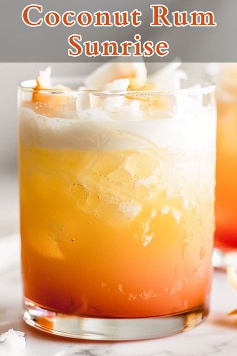 The Coconut Rum Sunrise is a tropical cocktail that blends the smooth, creamy richness of coconut with the fruity sweetness of Malibu rum, freshly squeezed orange juice, and a touch of grenadine. Rum Mixed Drinks, Malibu Rum Drinks, Vibrant Gradient, Layered Drinks, Squeezed Orange Juice, Bartender Drinks, Liquor Recipes, Cocktail Drinks Alcoholic, Orange Cocktails