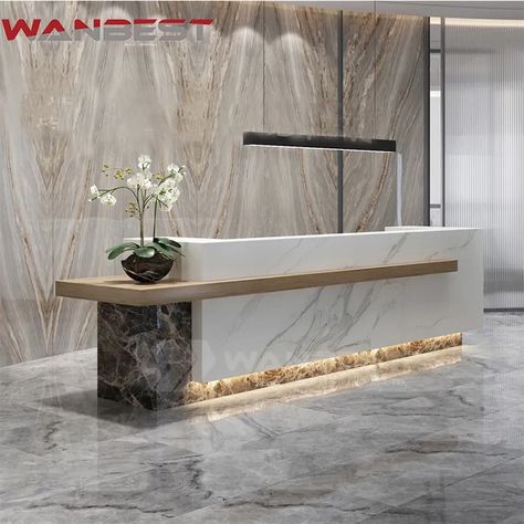 Purchasing a Reception Desk: What to Consider Luxury Reception Desk Design, Hospital Reception Counter Design, Front Desk Ideas Reception Areas, Creative Reception Desk Design, Reception Desk Layout, Hospital Reception Desk, Office Reception Counters, Modern Reception Desk Design, Reception Counter Design