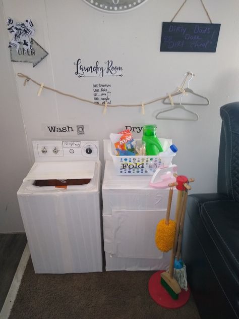 Cardboard Box Washer And Dryer, Diy Cardboard Washer And Dryer, Washer And Dryer Preschool Dramatic Play, Cardboard Washer And Dryer For Kids, Diy Play Washer And Dryer, Apartment Playroom, Mallory Grace, Classroom Learning Centers, Dollar Tree Baskets