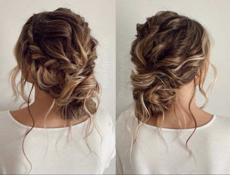 Loose Side Updo Wedding, Low Boho Bun Wedding, Messy Up Do Bridesmaid, Boho Style Bridesmaid Hair, Low Textured Updo, Balayage Wedding Hair Updo, Wedding Updo Side Bun, Romantic Updo Bridesmaid, Boho Hairstyles For Bridesmaids