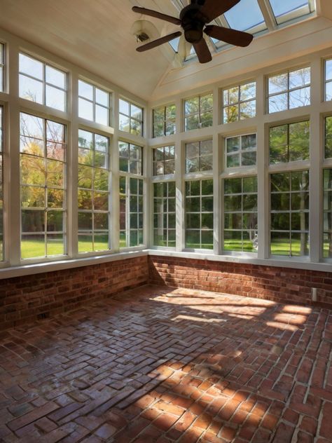 Top 10 Brick Sunroom Ideas: Stylish Design Tips - Homezillo Brick Garden Shed, Step Down Sunroom Addition, Florida Room Ideas Sunrooms, Outdoor Sunroom Ideas, Sunroom Tile, Brick Sunroom, Enclosed Sunroom Ideas, Sunroom Flooring Ideas, Small Sunroom Ideas