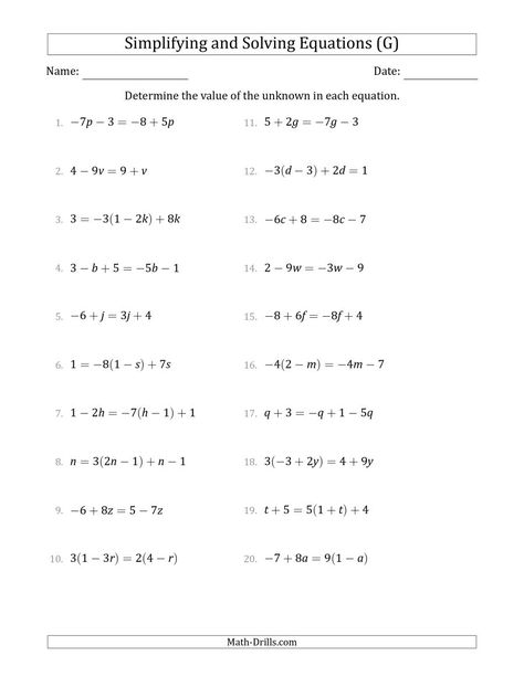 The Combining Like Terms and Solving Simple Linear Equations (G) Math Worksheet from the Algebra Worksheets Page at Math-Drills.com. Basic Algebra Worksheets, Algebra Equations Worksheets, Solving Algebraic Equations, Math Basics, Algebra 2 Worksheets, Pre Algebra Worksheets, Literal Equations, Simplifying Algebraic Expressions, Basic Algebra