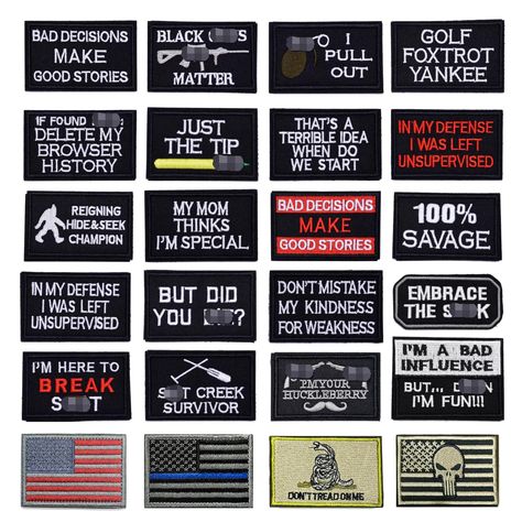 PRICES MAY VARY. ❤Size: Most of the patches size is：2 x 3.1 inches. ❤Velcro: Hook & loop backing-Perfect for Hats, Caps, Bags, Jackets, Backpacks, Military, Airsoft, Cosplay, CS, Tactical Exercise and other outdoor activitie,Includes looped backing for any application use. ❤You will receive 24 pieces of embroidery patches in different styles: military tactical,morale,slogan,funny words,american flag.don't tread on me flag ❤3D Embroidery:Embroidered, top quality,Funny slogan morale tactical USA f Funny Patches, American Flag Patch, Embroidered Backpack, Backpack Patches, Battle Jacket, Tactical Patches, Biker Vest, Military Humor, Velcro Patches