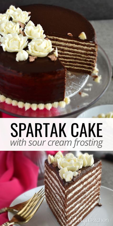 Spartak Cake, Buttercream Flowers Cake, Homemade Christmas Desserts, Sour Cream Frosting, Layered Cakes, Fruity Cake, Sour Cream Cake, Sheet Cake Recipes, Flowers Cake