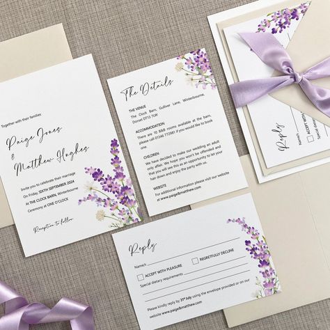 COLOUR INSPIRATION // Lavender is a soft, romantic shade of purple that works well with so many other colours. Set the tone for your special day, with this pretty, lavender print wedding invitation set from the Provence Collection. It features a delicate purple and lilac flower design which is printed onto luxurious, Italian textured off white card. A lilac satin ribbon provides the perfect finishing touch to the invitation set, by neatly tying it all together into a bundle. Check out the l... Lavender Wedding Invitations, Lavender Print, Lilac Wedding, Satin Ribbon Bow, Lavender Flower, Printing Wedding Invitations, Colour Inspiration, Lavender Wedding, Lilac Flowers