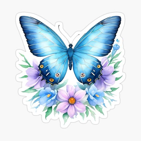 Get my art printed on awesome products. Support me at Redbubble #RBandME: https://www.redbubble.com/i/sticker/Blue-butterfly-with-flowers-Watercolor-illustration-by-Harmonysens/155944614.EJUG5?asc=u Butterflies Stickers Printable, Blue Butterfly On Flower, Blue Butterfly Stickers Printable, Blue Butterfly Clipart, Butterfly With Flowers, Stickers Simple, Blue Butterfly Transparent Background, Tiny Stickers, Summer Stickers