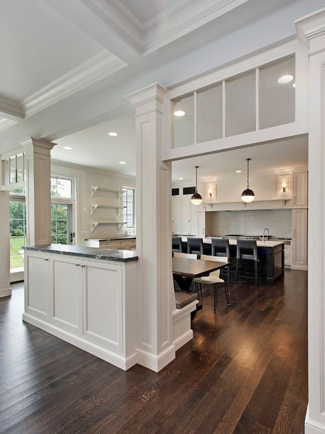 Kitchen Island With Columns Posts, Kitchen Island With Columns, Open Kitchen And Dining Room, Half Wall Kitchen, Half Wall Ideas, Open Kitchen And Dining, Kitchen Pass Through, Dining Room Layout, Kitchen Layouts With Island