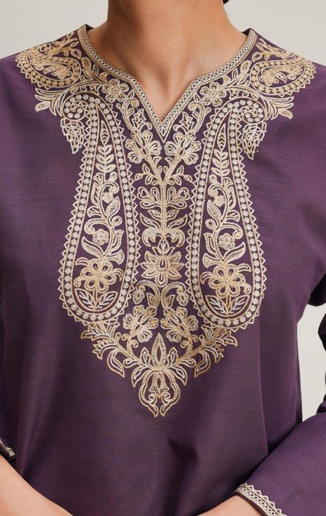 Luxury Festive Kurta With Intricate Embroidery, Diwali Designer Wear Embroidered Dress With Intricate Embroidery, Designer Fitted Kurta With Intricate Embroidery, Neckline Embroidery Designs, Fitted Purple Kurta With Intricate Embroidery, Paisley Neckline Embroidery, Abaya Designs Latest, Paisley Embroidery, Ethiopian Traditional Dress