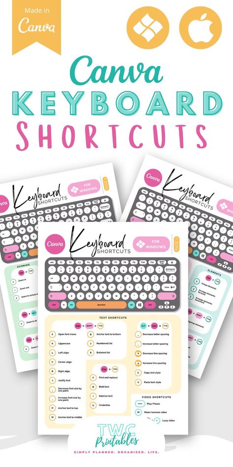 The Canva Keyboard Shortcuts are suited for Mac and Windows users, and will help you to work faster with Canva. The Editable Canva Shortcut Buttons pages are 100% editable. Create Printable Canva Shortcut Keyboard pages for your desk! Use these templates with Canva Pro and free. The Canva templates can be changed the way you like, printed out, laminated if you want, and used wherever you want to use Canva to design pretty things, fast! Free Canva Templates, Visual Marketing, Infographic Marketing, Keyboard Shortcuts, Brand Fonts, Best Planners, Stationery Organization, Canva Pro, Vinyl Crafts