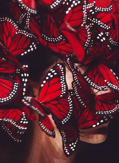 Philip Treacy designed this butterfly head piece for a swanky showing of work designed by Alexander McQueen. Butterflies, Red And White, Dots, Red, White