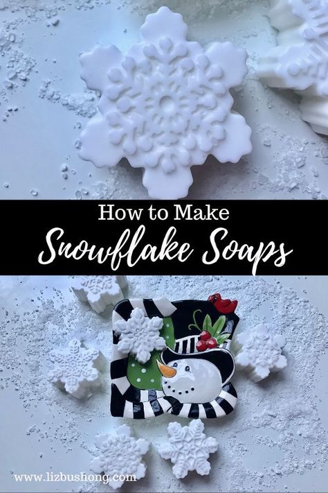 How to Make Winter Snowflake Soap - Liz Bushong, start with snowflake silicone mold, shea butter and goats milk soap base add fragrance oil and your good to go. Easy 30 minute DIY project for gift giving. #snowflakes #soap #DIY #Craft #gift #sheabutter #goats milk #soap Snowflake Soap, Goats Milk Soap Base, How To Make Snowflakes, Easy Diy Christmas Gifts, Goats Milk Soap, Winter Project, How To Make Snow, Goats Milk, Soap Base