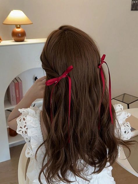 2pcs Women's Burgundy Polyester Woven Ribbon Bow With Silk Ribbon Hair Clip, Sweet And Cute Hair Decoration With Streamers For Daily Use, Hair Accessories Set | SHEIN USA Red Ribbon Hairstyles, Hair With Red Ribbon, Red Ribbon Hair, Mindful Christmas, Red Hair Ribbon, Hair Clip Ins, Red Hair Clips, Ribbon Hair Clip, Ribbon Braids