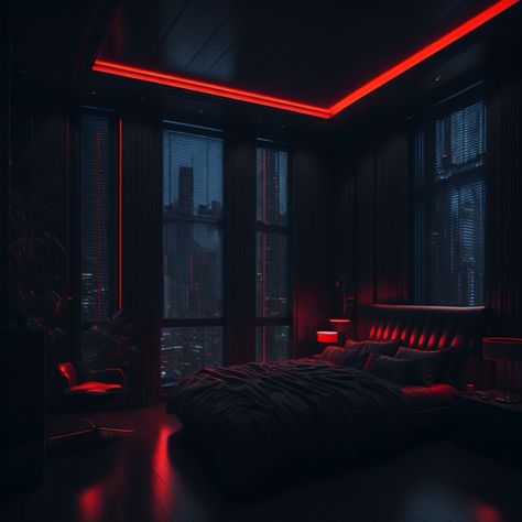 Penthouse Apartment Aesthetic Bedroom, Red Led Room Aesthetic, Red Bedroom Aesthetic, Penthouse Apartment Aesthetic, Types Of Home Decor Styles, Penthouse Bedroom, Beautiful Bed Designs, Castle Rooms, Simple Home Decoration