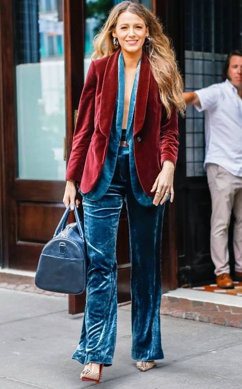 Pump Jacket, Blake Lively Suit, Blake Lively Movies, Velvet Pantsuit, Blue Velvet Pants, Velvet Outfit, Velvet Pant, Blake Lively Style, Mrs Maisel