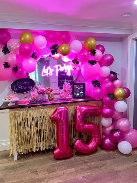 Hot Pink Balloon Garland, Tropical Balloon Garland, Hawaiian Theme Party, Pink Balloon Garland, Party Neon Sign, Pink Pool, Party Neon, Pool Party Decorations, Pink Birthday Party