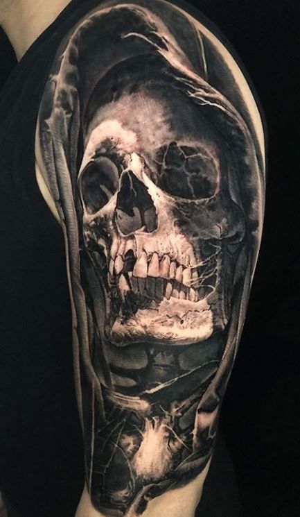 110 Unique Grim Reaper Tattoos You’ll Need to See - Tattoo Me Now Marionette Tattoo, Indian Skull Tattoos, Tatoo 3d, Evil Skull Tattoo, Black Skull Tattoo, See Tattoo, Grim Reaper Tattoo, Skull Sleeve Tattoos, Reaper Tattoo